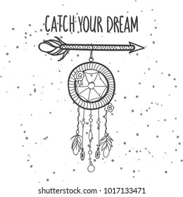 Dreamctcher with hand written phrase - Catch your dream. Vector ilustration in boho style.