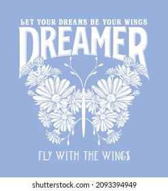 Dreamer Butterfly  T-shirt Graphic Design white on blue ground