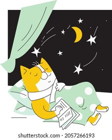 Dreamer cat  is sleeping with a book. Vector illustration 