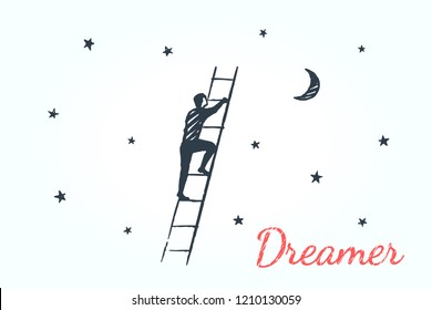 Dreamer, concept art sketch. A man on the ladder rises into the night sky. Vector hand drawn illustration.
