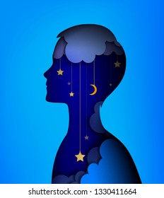 Dreamer concept, layers picture, Young boy silhouette with night sky inside, Night dream idea, vector