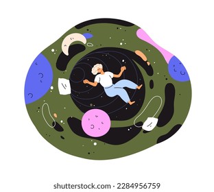 Dreamer flying in night dream during sleep. Unconscious woman floating in fantasy universe, space, fantastic cosmos. Psychology concept. Flat graphic vector illustration isolated on white background