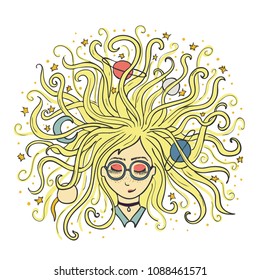 Dreamer. The girl dreams with closed eyes. The blonde hair of the planet and the star. Creative process or meditation.