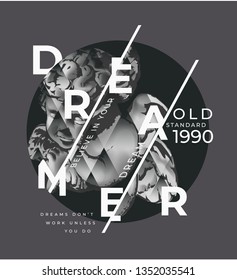 dreamer graphic slogan with b/w antique angel statue illustration