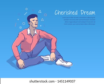 Dreamer man sits on the ground and looks at the distance with inspiration. The metaphor of the cherished dream