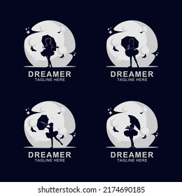 Dreamer silhouette logo on the moon with butterfly