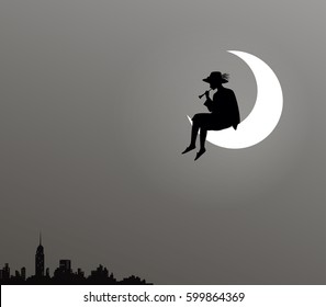 dreamer sits on the moon and play trumpet under the night city sky,  city lullaby, above the city, black and white