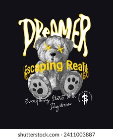 dreamer slogan with black and white bear doll hand drawn vector illustration on black background