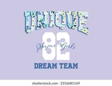 Dreamer Super Girls College slogan vector with floral pattern illustration for kids - girl hoodie, tee - t shirt and sticker