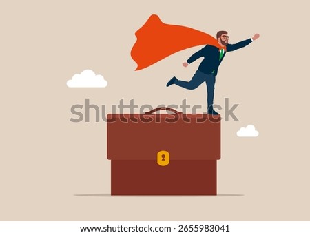 Dreamer  Superhero stands on briefcase. Career growth development plan, job promotion. Modern vector illustration in flat style. 