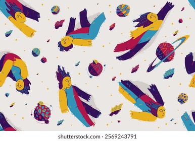 Dreamers conceptual seamless background, illustrative vector people flying among the planets in space, freedom of imagination relaxed levitation, tranquil and hypnotic emotions.