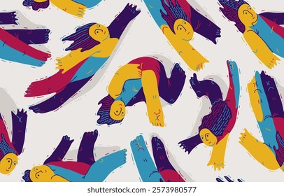 Dreamers conceptual seamless background, illustrative vector people flying among the clouds, freedom of imagination relaxed levitation, tranquil and hypnotic emotions.