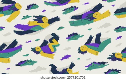 Dreamers conceptual seamless background, illustrative vector people flying among the clouds, freedom of imagination relaxed levitation, tranquil and hypnotic emotions.