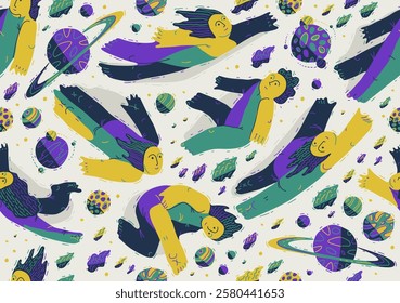 Dreamers conceptual seamless background, illustrative vector people flying among the planets in space, freedom of imagination relaxed levitation, tranquil and hypnotic emotions.