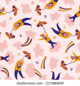 Soñadores en las nubes rosas. Patrón transparente dibujado a mano por vectores. Diseño hippie para tela o papel envuelto.