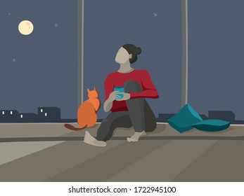 Dreamers. Vector illustration of a young woman sitting in her home at night in moonlight with her cat and dreaming