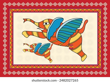 Dreamflight: A Vibrant Gond Artwork - Elephant Soaring Through the Sky. Madhubani art, saree painting Madhuban, Indian folk art Elephant , Madhubani culture, Wall decor, Handmade. 