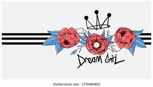 "Dreamgirl" slogan with embroidery flower illustration. For t shirt print and other uses.