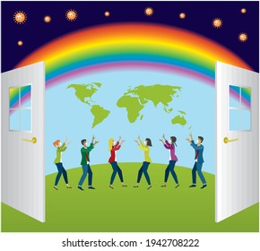 Dreaming about reopening the world. Vector illustration.