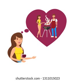 Dreaming about romantic weekend flat vector color illustration. Girl telling about date with boyfriend. Barbecue, picnic. Young woman cartoon character. Summer vacation memories isolated clipart