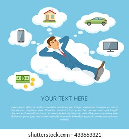 Dreaming about things concept a man in blue suit lies on cloud and dreaming about things that bring him joy vector illustration