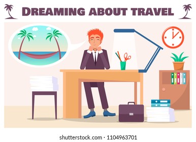 Dreaming about travel banner with guy in office. Man at work desk wants summer vacation and hammock attached to palms near sea vector illustration.