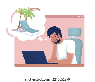 Dreaming about vacation 2D vector isolated illustration. Frustrated office worker daydreaming flat character on cartoon background. Colorful editable scene for mobile, website, presentation