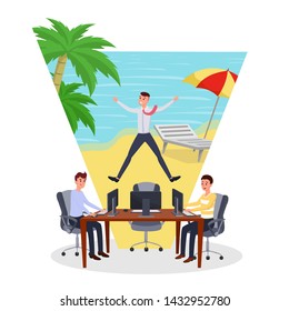 Dreaming about vacation flat vector illustration. Employees working while other worker on vacation characters. Man working and thinking about holidays on beach, office managers at workplace
