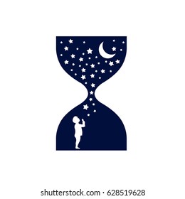 Dreaming baby. Hourglass measuring the night time. Stars and moon. Conceptual idea. Good night .Vector illustration. EPS 8