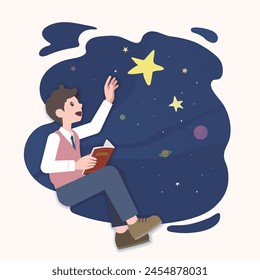 Dreaming Boy, Asian Student. In Space Background