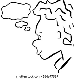 Dreaming boy cartoon character with text bubble. Little child with naughty or curious face expression. Young kid's thoughts. Hand-drawn child with think cloud. Black and white kid comic drawing