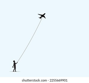 Idea de concepto de niño soñador. avión volador. ilustraciones vectoriales.