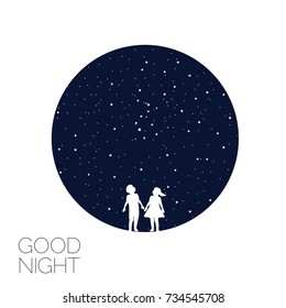 Dreaming boy and girl. Concept idea. Good night kid. Vector illustration. EPS 8