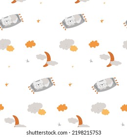 Dreaming cat seamless pattern with moon and clouds. Cartoon sleeping kitty drawings for decoration and kids textile