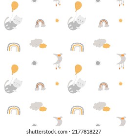 Dreaming cat seamless pattern with rainbow and baloons. Cartoon sleeping kitty drawings for decoration and kids textile