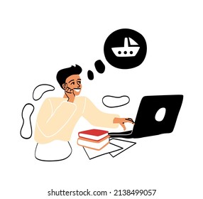 Das abstrakte Konzept des Dreaming-Charakters. Junge lächelnde Mann, der auf der Arbeit sitzt und über Seekreuzfahrt nachdenkt. Bedachtungsvolle Person will Urlaub. Cartoon moderne flache Vektorgrafik im Doodstil