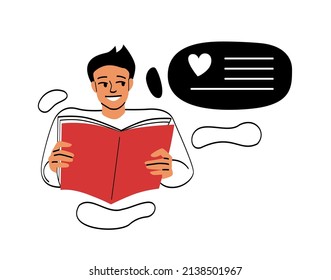 Concepto abstracto de carácter soñador. Joven sonriente leyendo libro y pensando en líneas de novela. A la persona pensadora le encanta la literatura. Ilustración vectorial plana moderna en estilo doodle