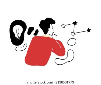 Concepto abstracto de carácter soñador. Un joven inteligente piensa y se le ocurre una nueva idea para el desarrollo. Un empresario o empresario encantador. Dibujo vectorial plano de caricatura en estilo doodle