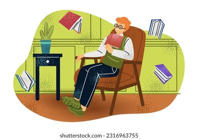 Dreaming character relaxing. Thinking boy sits in armchair with books. Student in library reflects dreamily. Thoughtful kid with textbook. Cartoon flat vector illustration isolated on white background