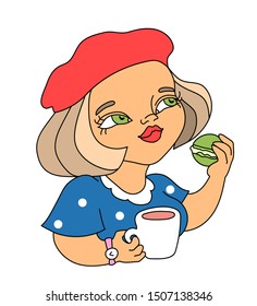 Dreaming Chubby Girl In Red Beret And Blue Dotted Dress Sitting In A Cafe Drinking Coffee, Eating Green Macaroon Cookie, Cartoon Character. French Woman In Vintage Look Enjoying Breakfast In A Bakery.