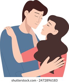 Dreaming couple. Happy young couple hugging. Smiling young girl hugs guy. Brunette hugging guy. Girl on guy's shoulder. Flat vector illustration isolated on white background. EPS10