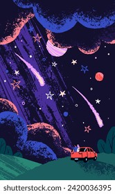 Dreaming couple hugs, looks up at starlight sky. People with car stand on nature, outdoor. Universe with planets, constellations, falling stars. Night meadow landscape. Flat vector illustration