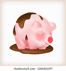 Dreaming cute pink pig standing in a puddle of melted black chocolate. Vector illustration.