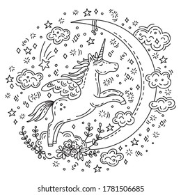 Sueño unicornio lindo volando con nubes a la ilustración de la luna. Carácter aislado monocromo vectorial en estilo doodle. Para prendas de vestir, pegatinas, cojín de diseño, tarjeta, diseño, impresión, camiseta. 
