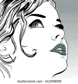 Dreaming  Cute woman thinking about something. Cute pin-up girl. Woman portrait. Feelings. Concept idea of advertisement and promo. Pop art retro style illustration. Halftone background