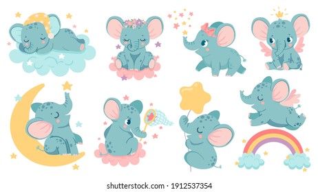 Dreaming Elephant. Baby Elephants Sleep On Cloud And Moon, Catch Star Or Fly Over Rainbow. Magic Animal Girl With Crown And Wings Vector Set. Cute Characters With Bows And Flowers On Head