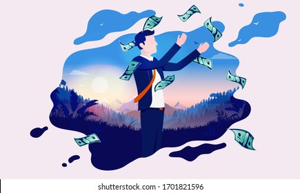 Dreaming of financial freedom - Raining money on man in dream bubble, sunrise in background. Inspiration, dream of being rich, and wealth concept. Vector illustration.