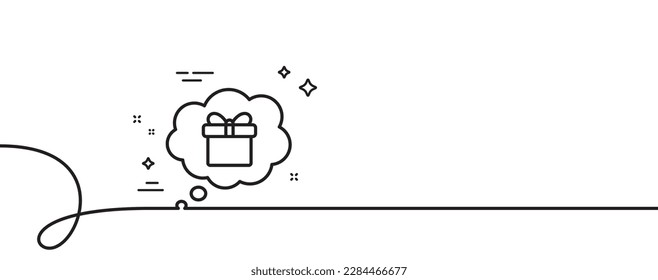 Dreaming of Gift line icon. Continuous one line with curl. Present box in Comic speech bubble sign. Birthday Shopping symbol. Package in Gift Wrap. Gift dream single outline ribbon. Vector