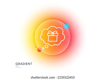 Icono de la línea Regalo. Botón de desenfoque degradado con gafas. Present box en el signo de burbuja de habla cómica. Símbolo de compras de cumpleaños. Paquete en el ajuste de regalo. Diseño de vidrio transparente. Vector