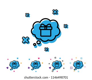 Dreaming of Gift line icon. Present box in Comic speech bubble sign. Birthday Shopping symbol. Package in Gift Wrap. Line icon with geometric elements. Bright colourful design. Vector